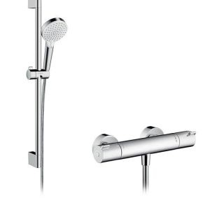 Dušas komplekts ar termostata jaucējkrānu Hansgrohe Crometta 1001 CL, sudraba krās.