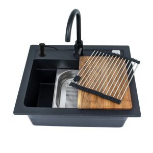 Virtuves izlietne ar virtuves maisītāju Alveus Atrox, 68 cm x 56 cm x 22 cm, melna