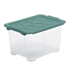 Uzglabāšanas kaste ar vāku, pārtikai/paredzēts uzglabāšanai/rotaļlietām Rotho, 15 l, caurspīdīga krās./zaļa krās., 38.7 x 27.9 x