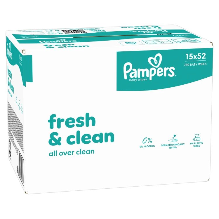 Pampers Fresh Clean Plastic Free Mitrās Salvetes Mazuļiem, 15 Iepakojumi, 780 Mitrās Salvetes