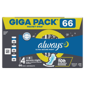 Always Ultra Secure Night Size 4 Higiēniskās Paketes Wings, 66 gab