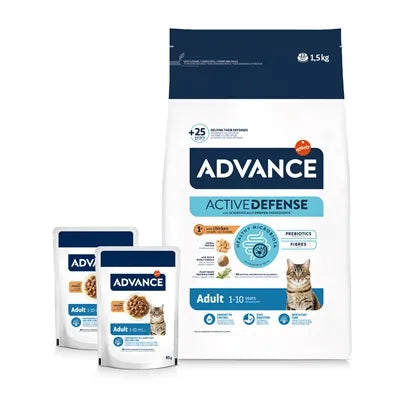 ADVANCE Adult kaķiem ar vistu 1,5 kg + 2 mitrās barības iepakojumi komplektā